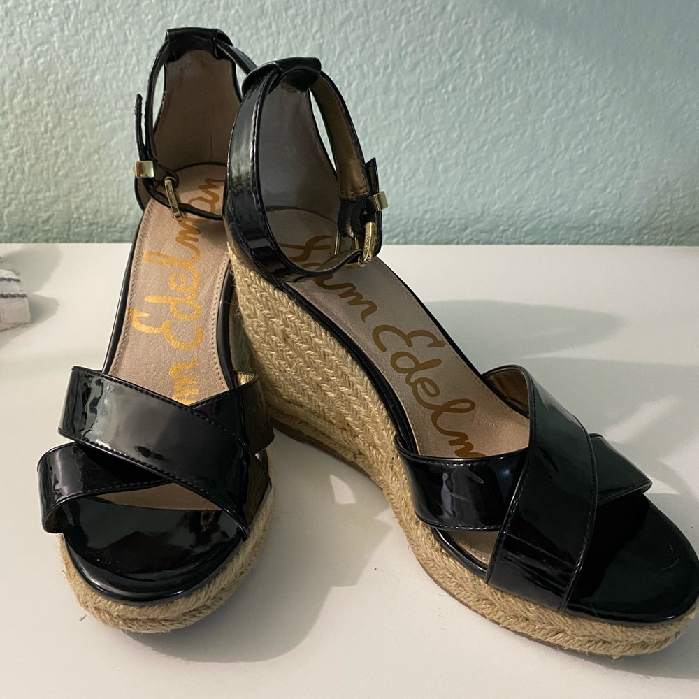 Sam Edelmann black patent leather wedge sandals